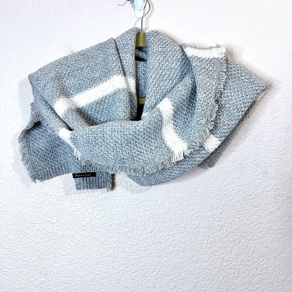 Gray White Marled Stripes Soft Cozy Classic Preppy Knit Fringe Blanket Scarf